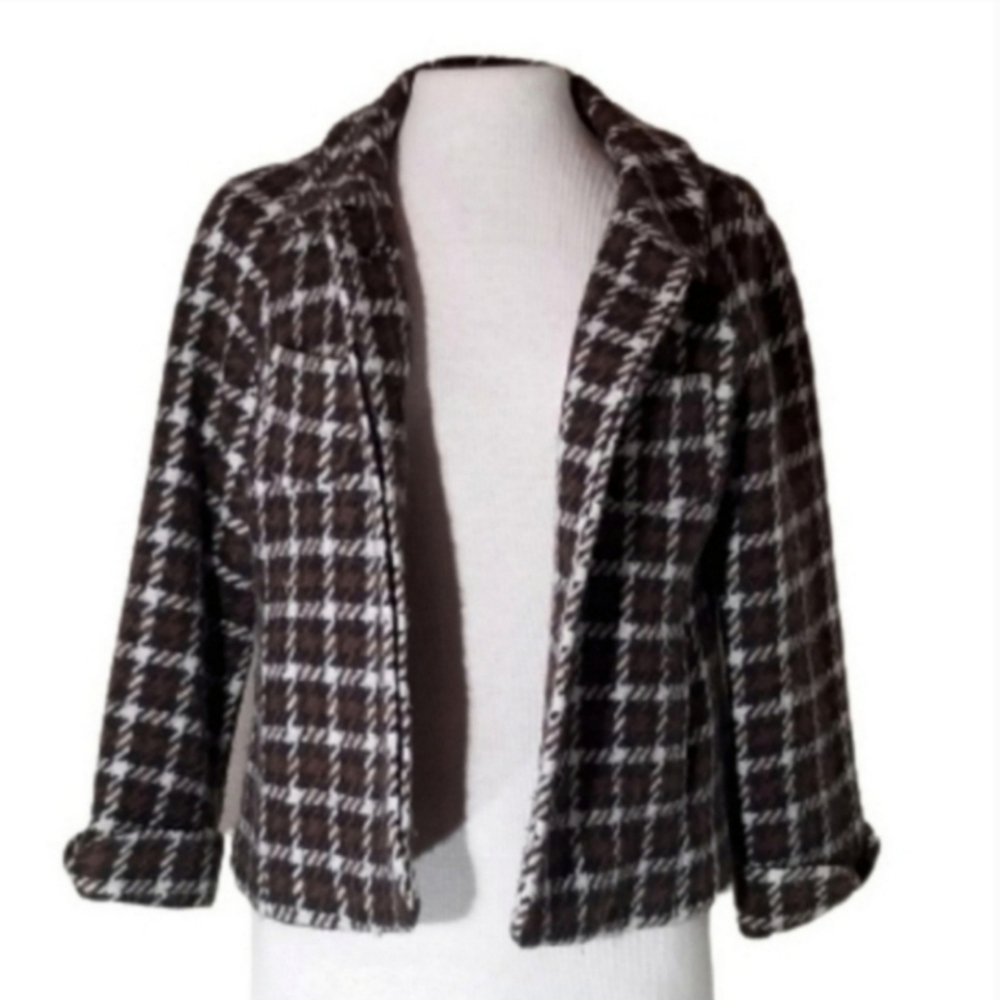 Banana Republic Jacket Houndstooth Plaid Wool Chocolate Brown Size S - Picture 3 of 15